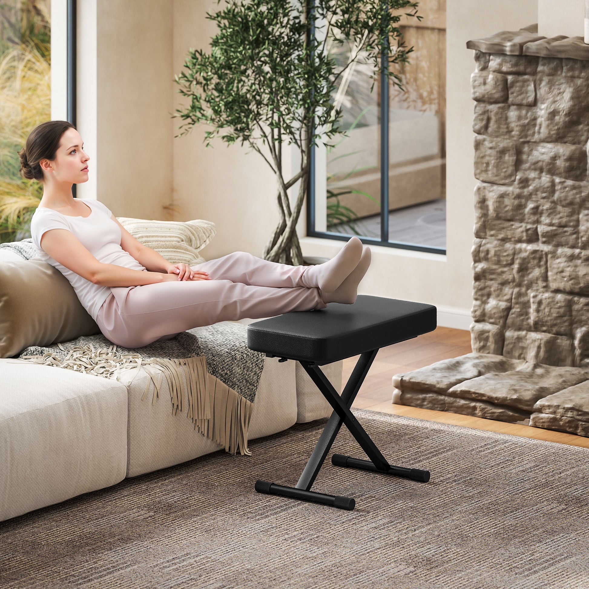Foldable and Adjustable Piano Stool in 4 Heights with X Structure, PU Leather and Metal Piano Bench with Non-Slip Feet, 60x32x53-63 cm, Black