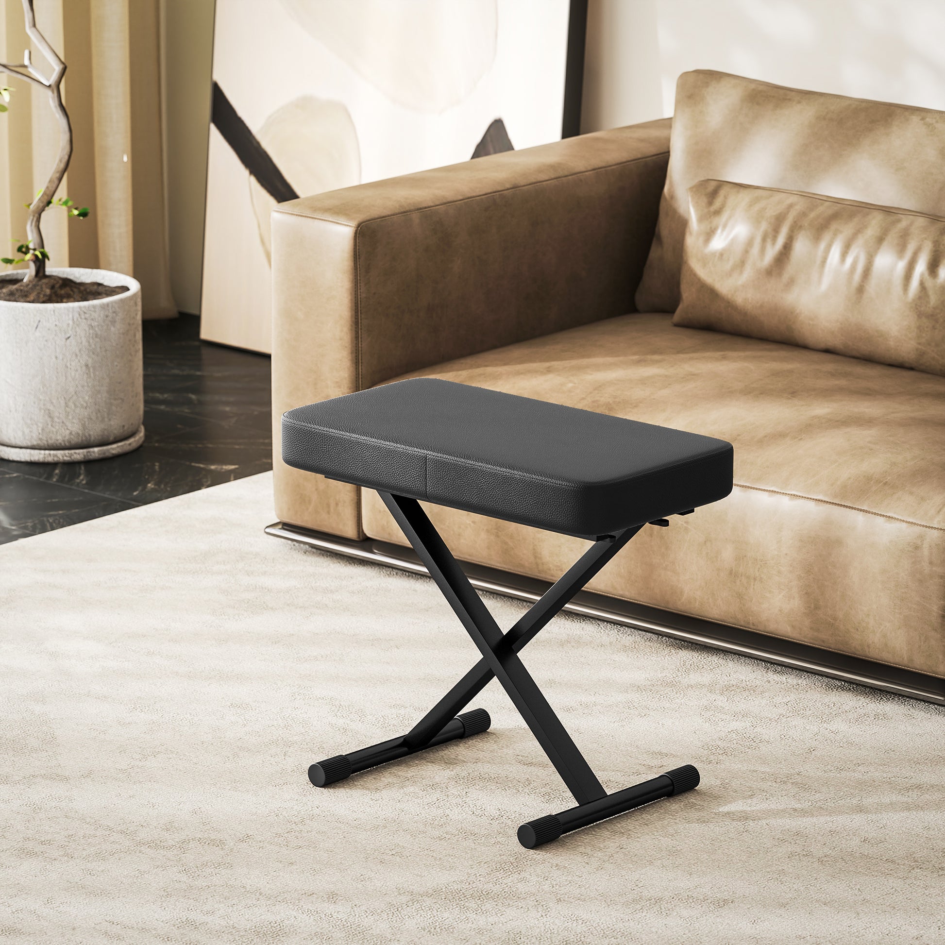 Foldable and Adjustable Piano Stool in 4 Heights with X Structure, PU Leather and Metal Piano Bench with Non-Slip Feet, 60x32x53-63 cm, Black
