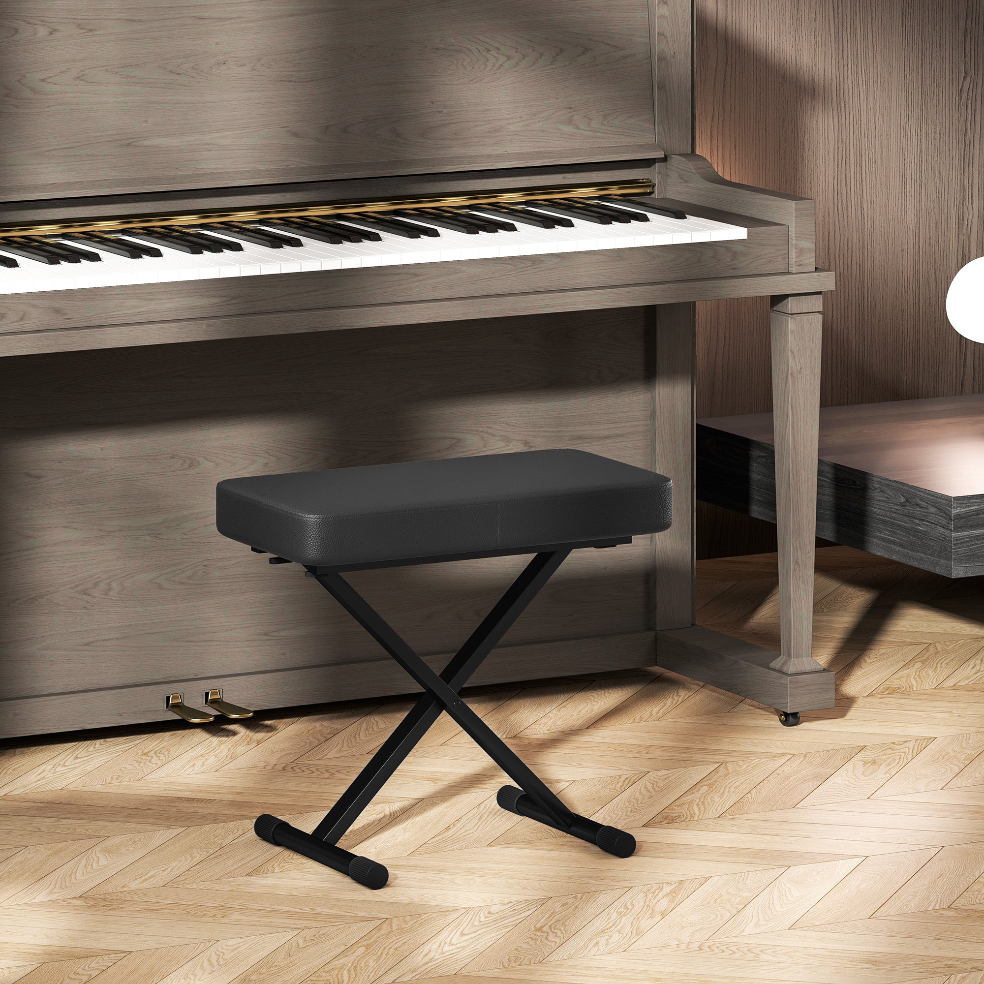 Foldable and Adjustable Piano Stool in 4 Heights with X Structure, PU Leather and Metal Piano Bench with Non-Slip Feet, 60x32x53-63 cm, Black
