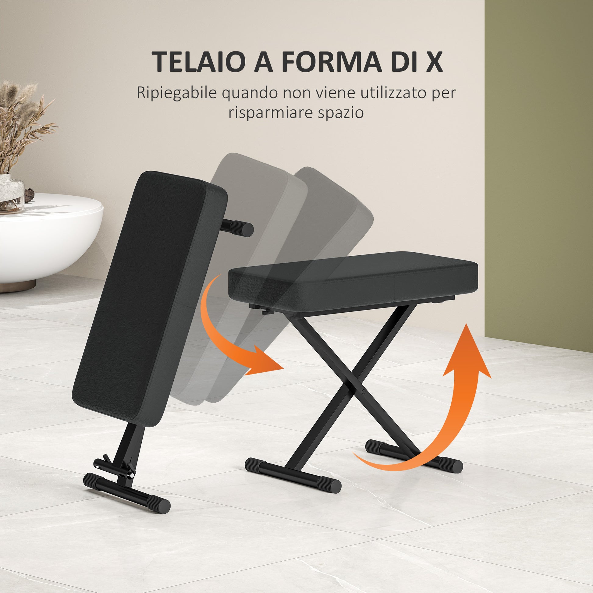Foldable and Adjustable Piano Stool in 4 Heights with X Structure, PU Leather and Metal Piano Bench with Non-Slip Feet, 60x32x53-63 cm, Black