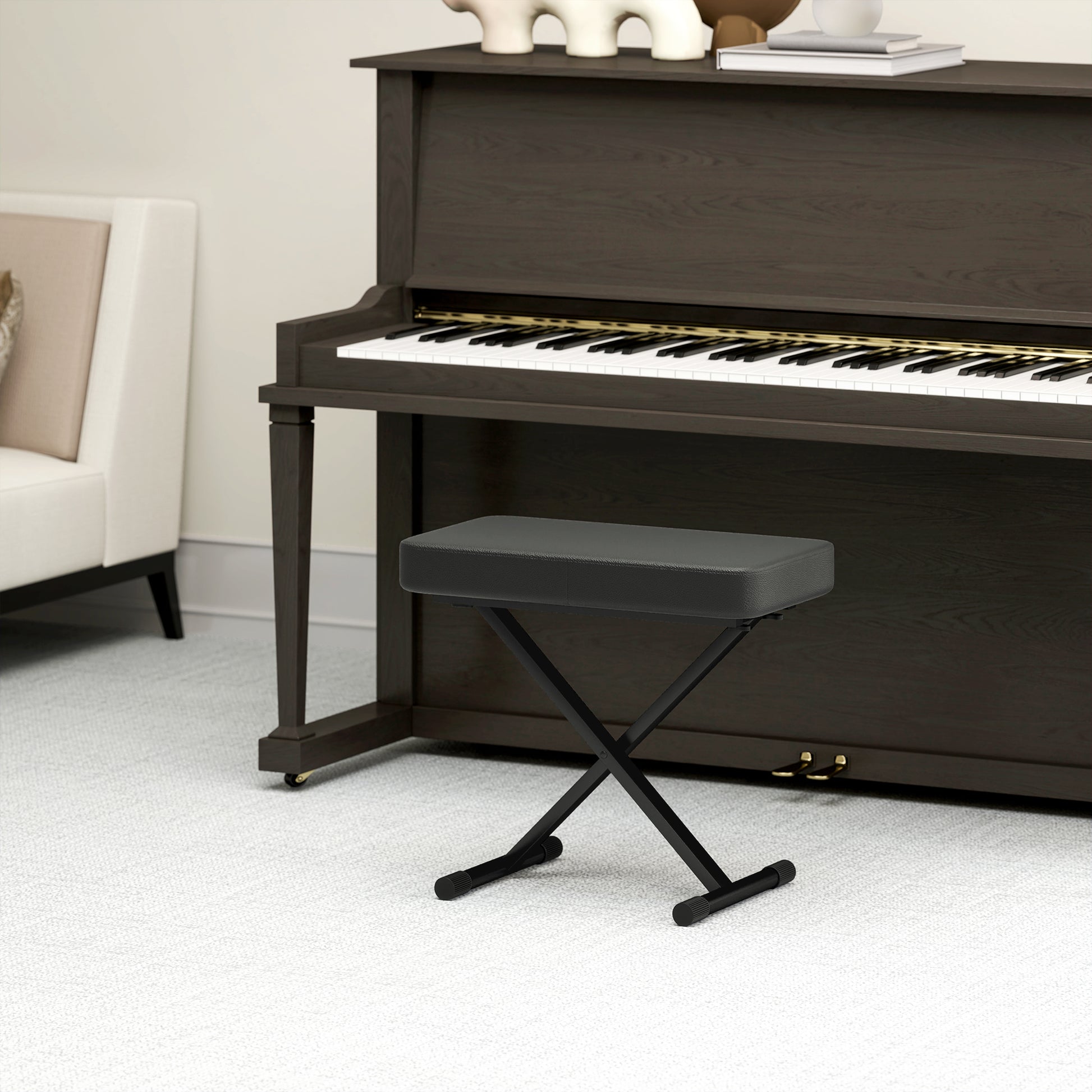 Foldable and Adjustable Piano Stool in 4 Heights with X Structure, PU Leather and Metal Piano Bench with Non-Slip Feet, 60x32x53-63 cm, Black