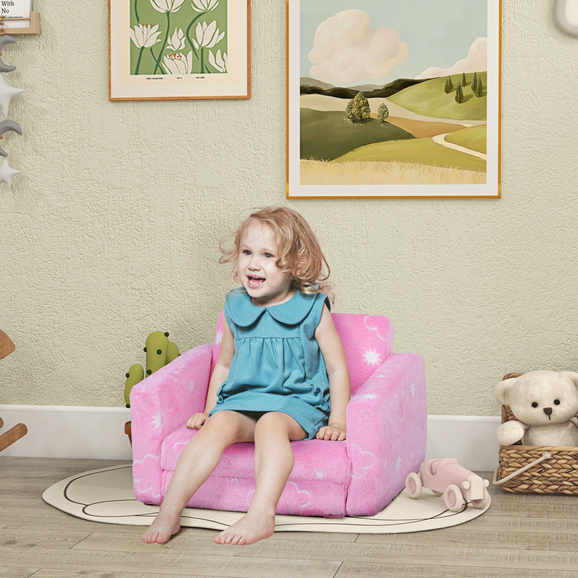 Kids Foldable Reclining Children's Sofa 2-in-1 Luminous Fabric Upholstered Sofa with Washable Cushion and Cover for Bedroom Living Room Pink