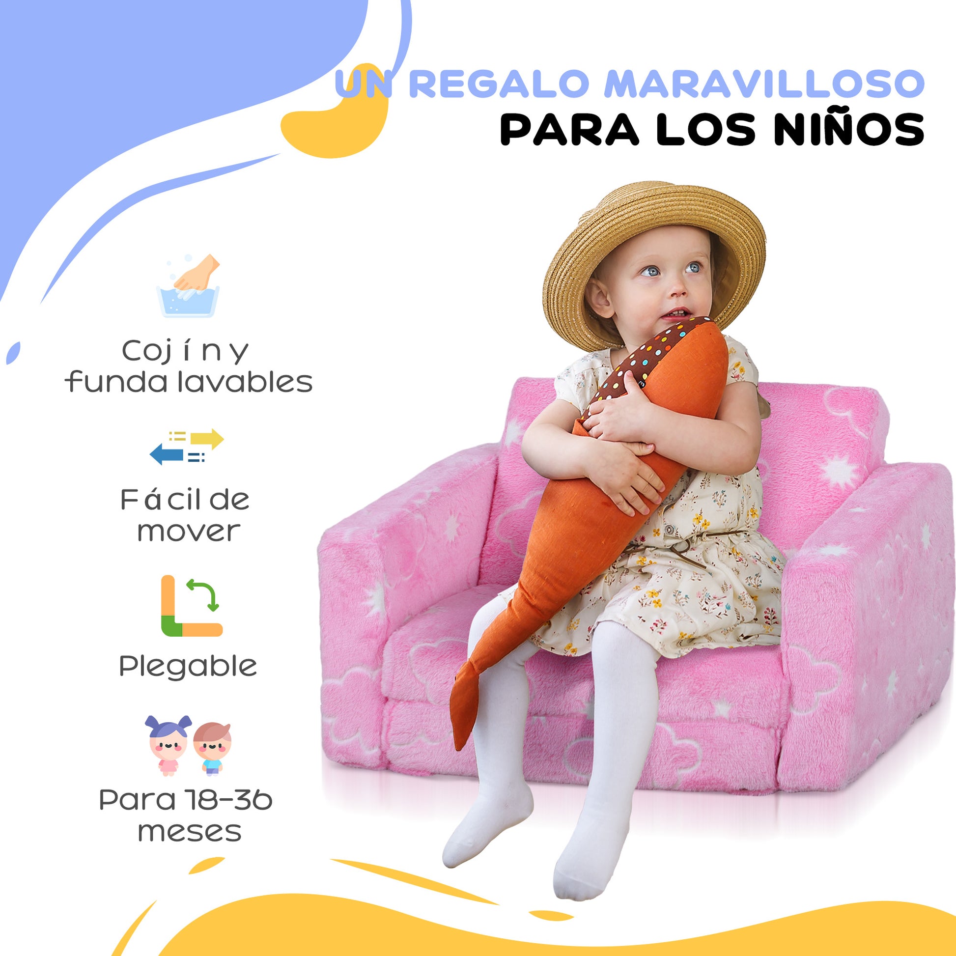 Kids Foldable Reclining Children's Sofa 2-in-1 Luminous Fabric Upholstered Sofa with Washable Cushion and Cover for Bedroom Living Room Pink