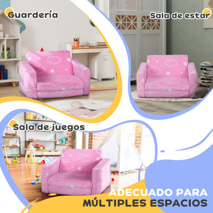 Kids Foldable Reclining Children's Sofa 2-in-1 Luminous Fabric Upholstered Sofa with Washable Cushion and Cover for Bedroom Living Room Pink
