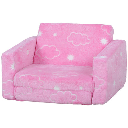 Kids Foldable Reclining Children's Sofa 2-in-1 Luminous Fabric Upholstered Sofa with Washable Cushion and Cover for Bedroom Living Room Pink
