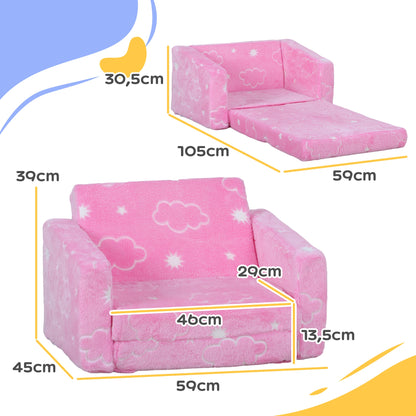 Kids Foldable Reclining Children's Sofa 2-in-1 Luminous Fabric Upholstered Sofa with Washable Cushion and Cover for Bedroom Living Room Pink