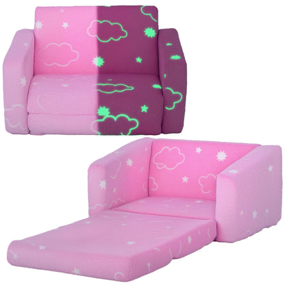 Kids Foldable Reclining Children's Sofa 2-in-1 Luminous Fabric Upholstered Sofa with Washable Cushion and Cover for Bedroom Living Room Pink