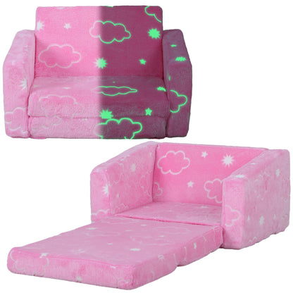 Kids Foldable Reclining Children's Sofa 2-in-1 Luminous Fabric Upholstered Sofa with Washable Cushion and Cover for Bedroom Living Room Pink