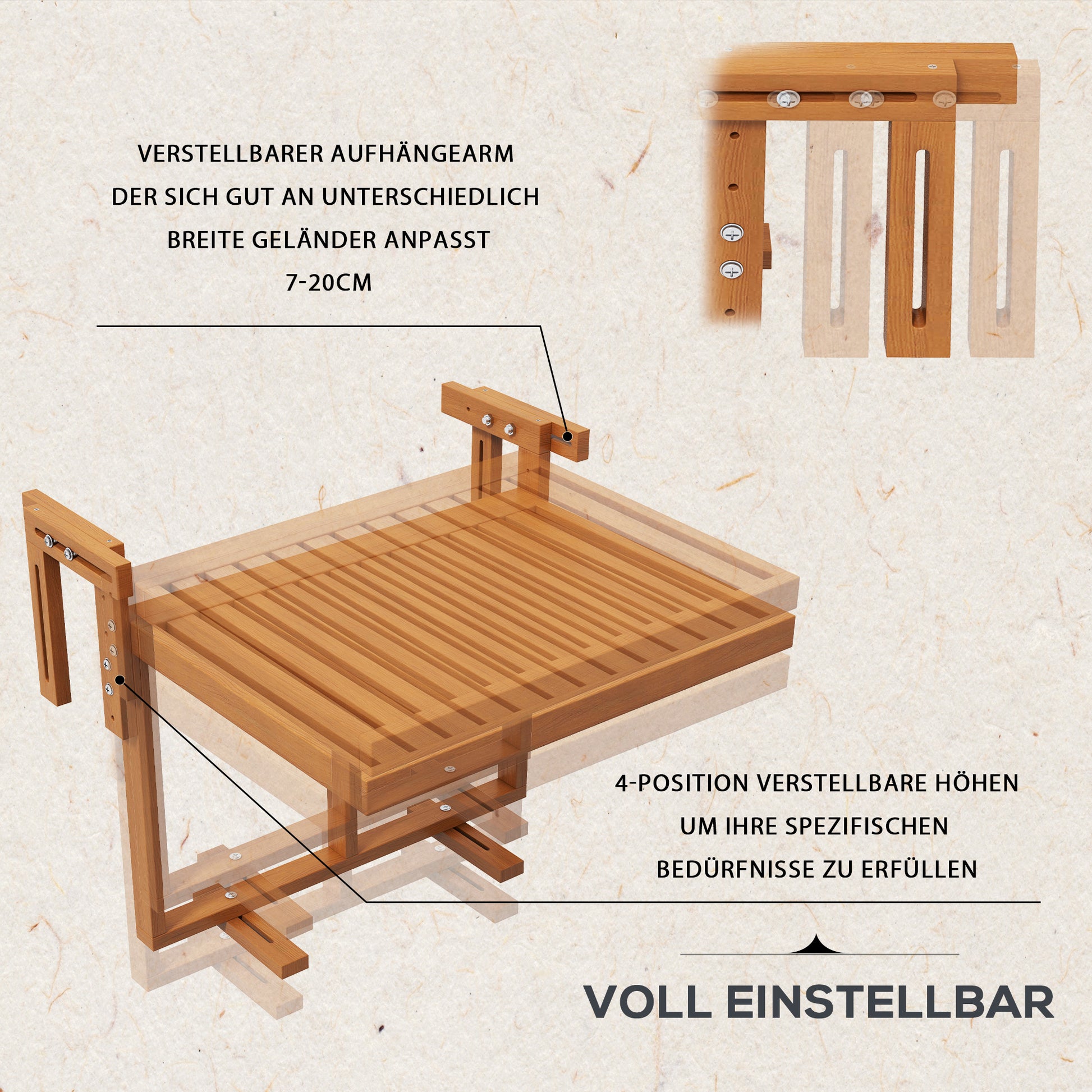 Hanging Balcony Table, Foldable Balcony Hanging Table, Adjustable Height Hanging Table, Holds up to 20 kg, for Terrace, Garden, Pine, 68 x 65 cm, Teak