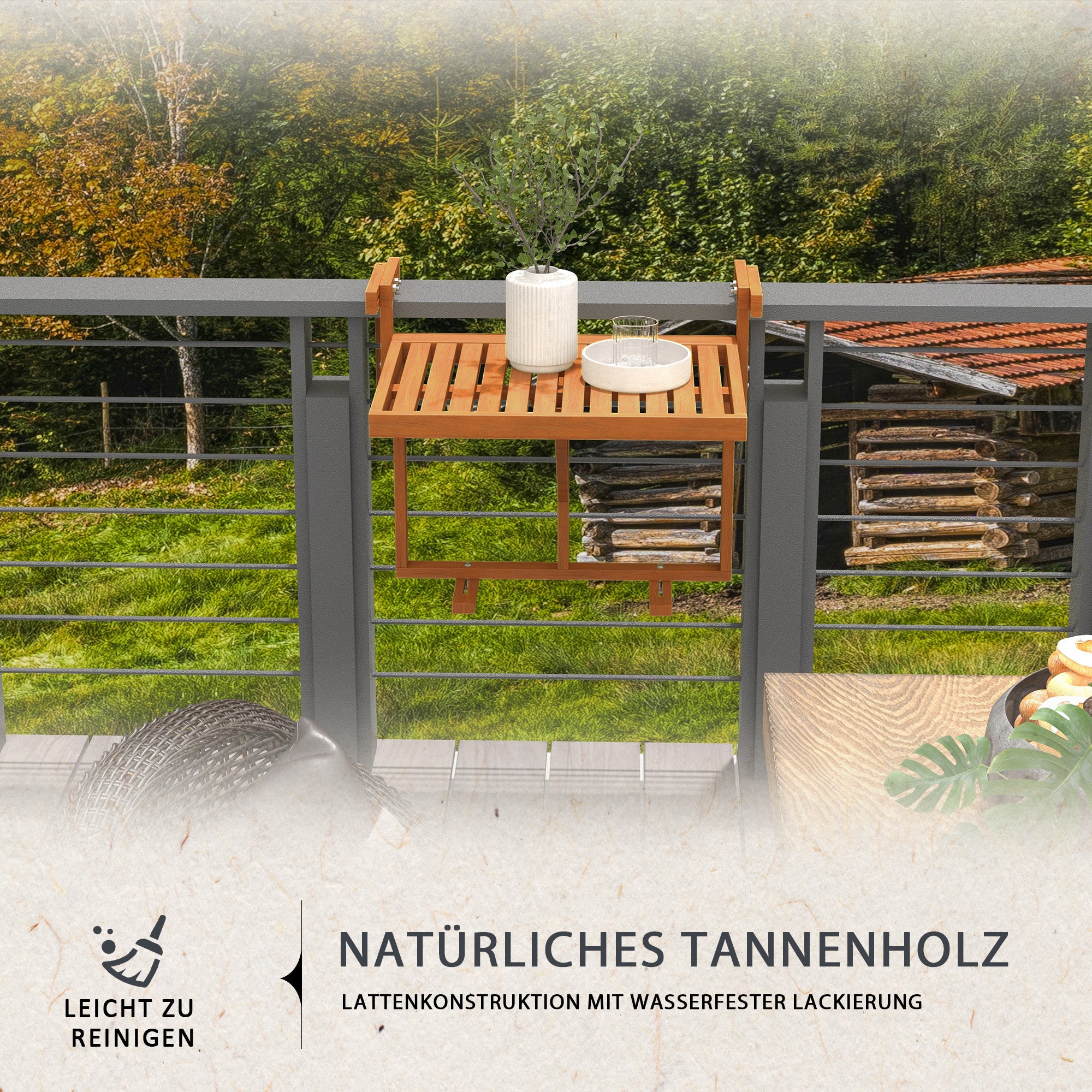 Hanging Balcony Table, Foldable Balcony Hanging Table, Adjustable Height Hanging Table, Holds up to 20 kg, for Terrace, Garden, Pine, 68 x 65 cm, Teak