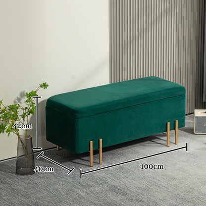Storage Bench Upholstered Bench with Velvet Look, Storage Chest with Metal Legs, Trunk Bench for Living Room Bedroom Hallway 100 x 40 x 42 cm, Green
