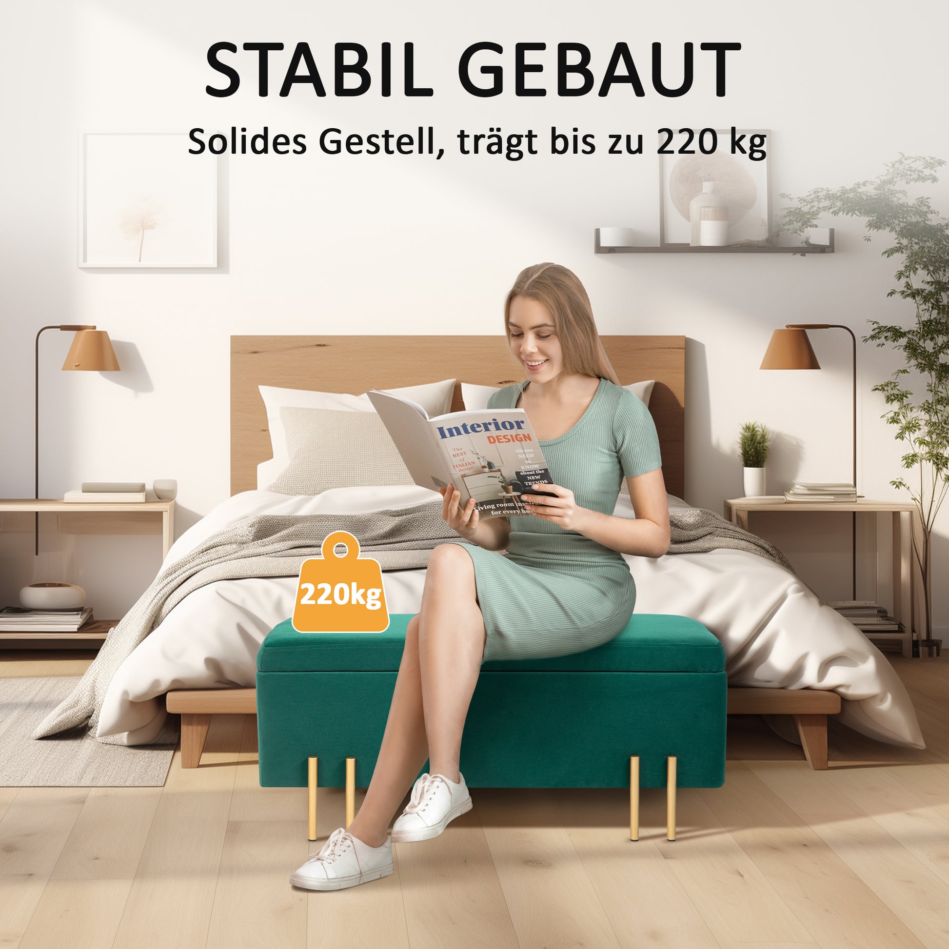 Storage Bench Upholstered Bench with Velvet Look, Storage Chest with Metal Legs, Trunk Bench for Living Room Bedroom Hallway 100 x 40 x 42 cm, Green