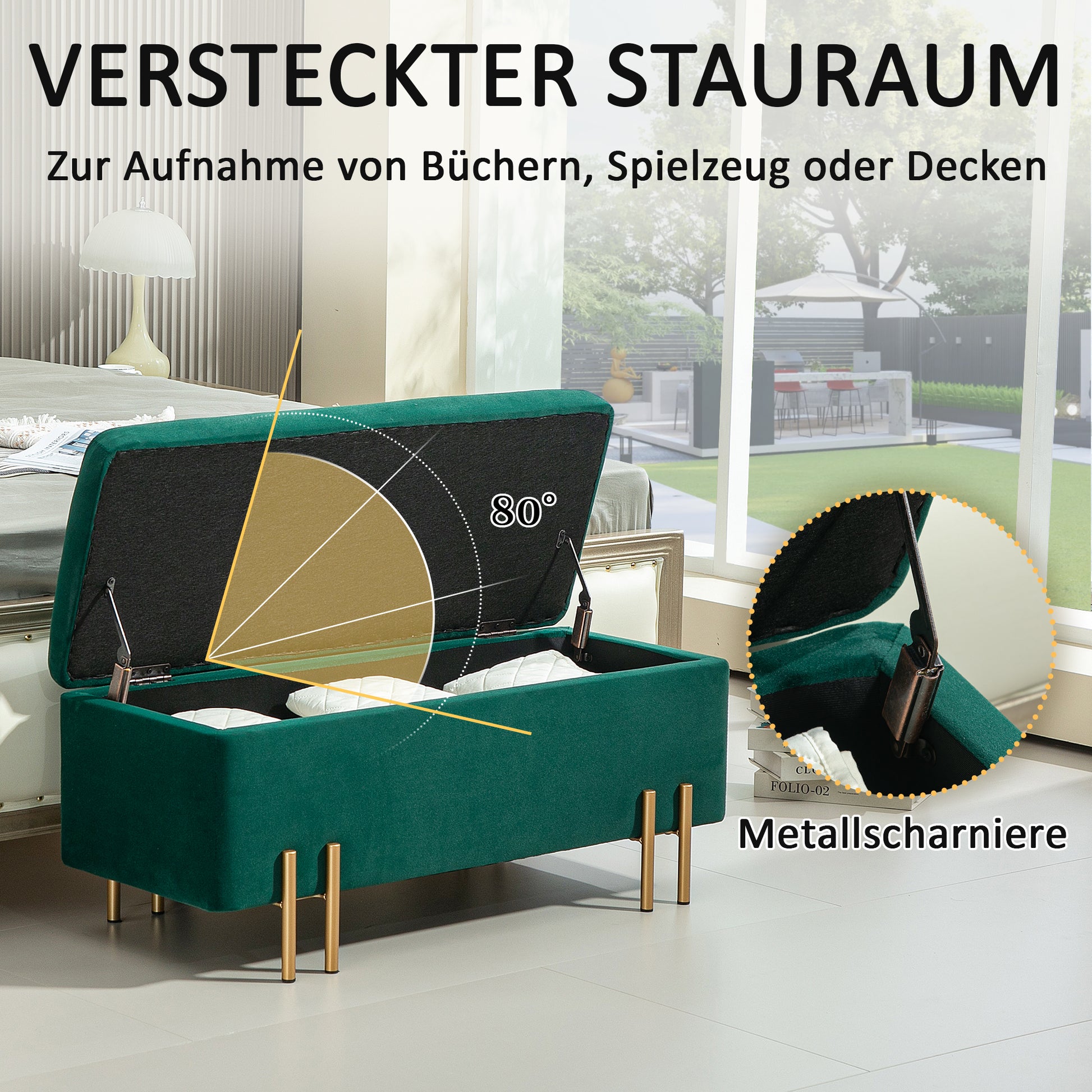Storage Bench Upholstered Bench with Velvet Look, Storage Chest with Metal Legs, Trunk Bench for Living Room Bedroom Hallway 100 x 40 x 42 cm, Green