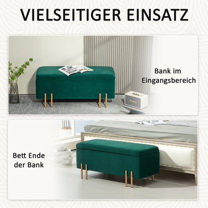 Storage Bench Upholstered Bench with Velvet Look, Storage Chest with Metal Legs, Trunk Bench for Living Room Bedroom Hallway 100 x 40 x 42 cm, Green