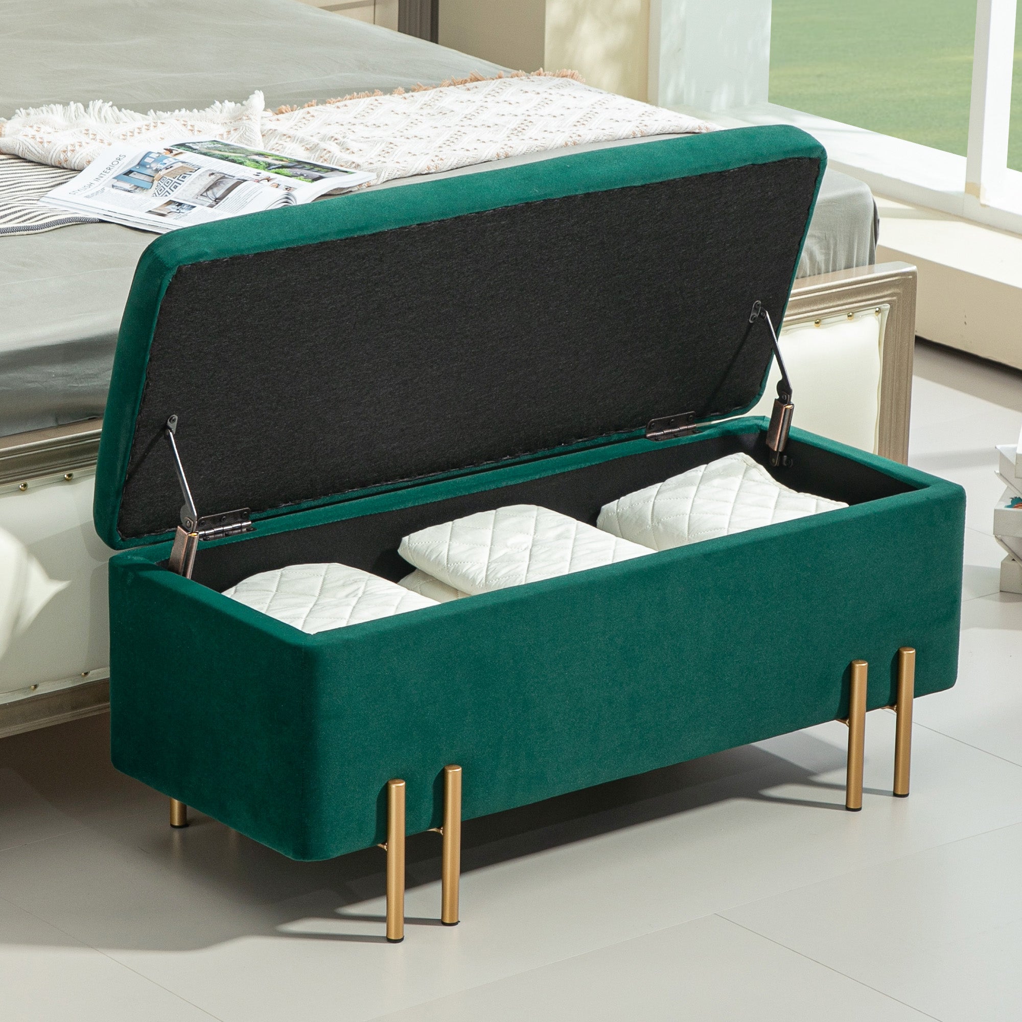 Storage Bench Upholstered Bench with Velvet Look, Storage Chest with Metal Legs, Trunk Bench for Living Room Bedroom Hallway 100 x 40 x 42 cm, Green