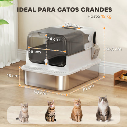 XXL Stainless Steel Enclosed Cat Litter Box – Flip-Top Hood, High Sides, Top Entry, Scoop, Odor Control, Easy to Clean, Leakproof, White