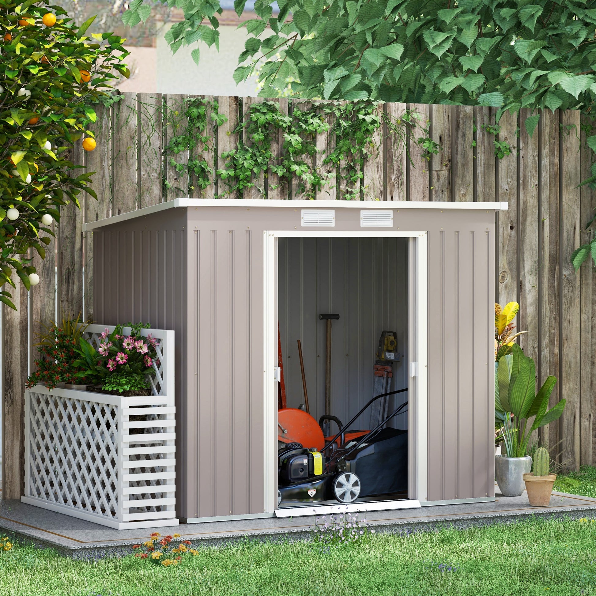 Outdoor Garden Shed 3.2 m² 213x130x172 cm Garden Shed with Sliding Door Sloped Roof Reinforced Base (Floor Not Included) and 2 Windows Light Gray