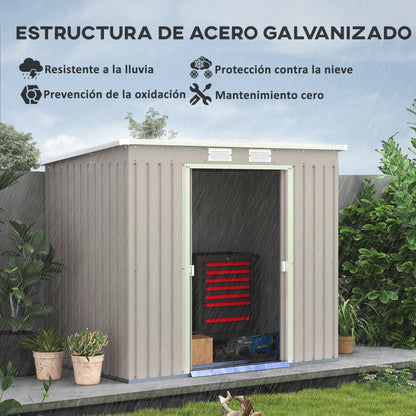 Outdoor Garden Shed 3.2 m² 213x130x172 cm Garden Shed with Sliding Door Sloped Roof Reinforced Base (Floor Not Included) and 2 Windows Light Gray