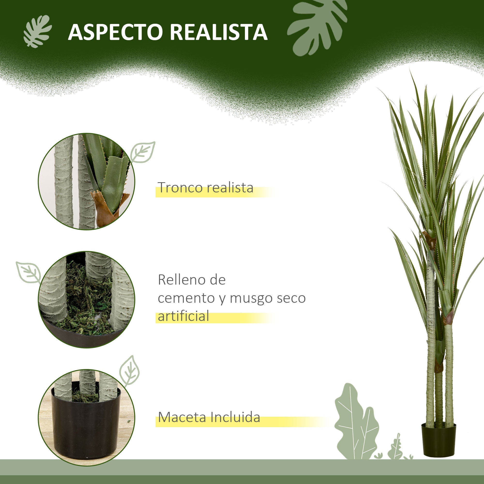 Artificial Yucca Plant in Pot 190 cm Fake Plant with 39 Realistic Leaves for Home Decor Living Room Office Garden Ø17x190 cm Green