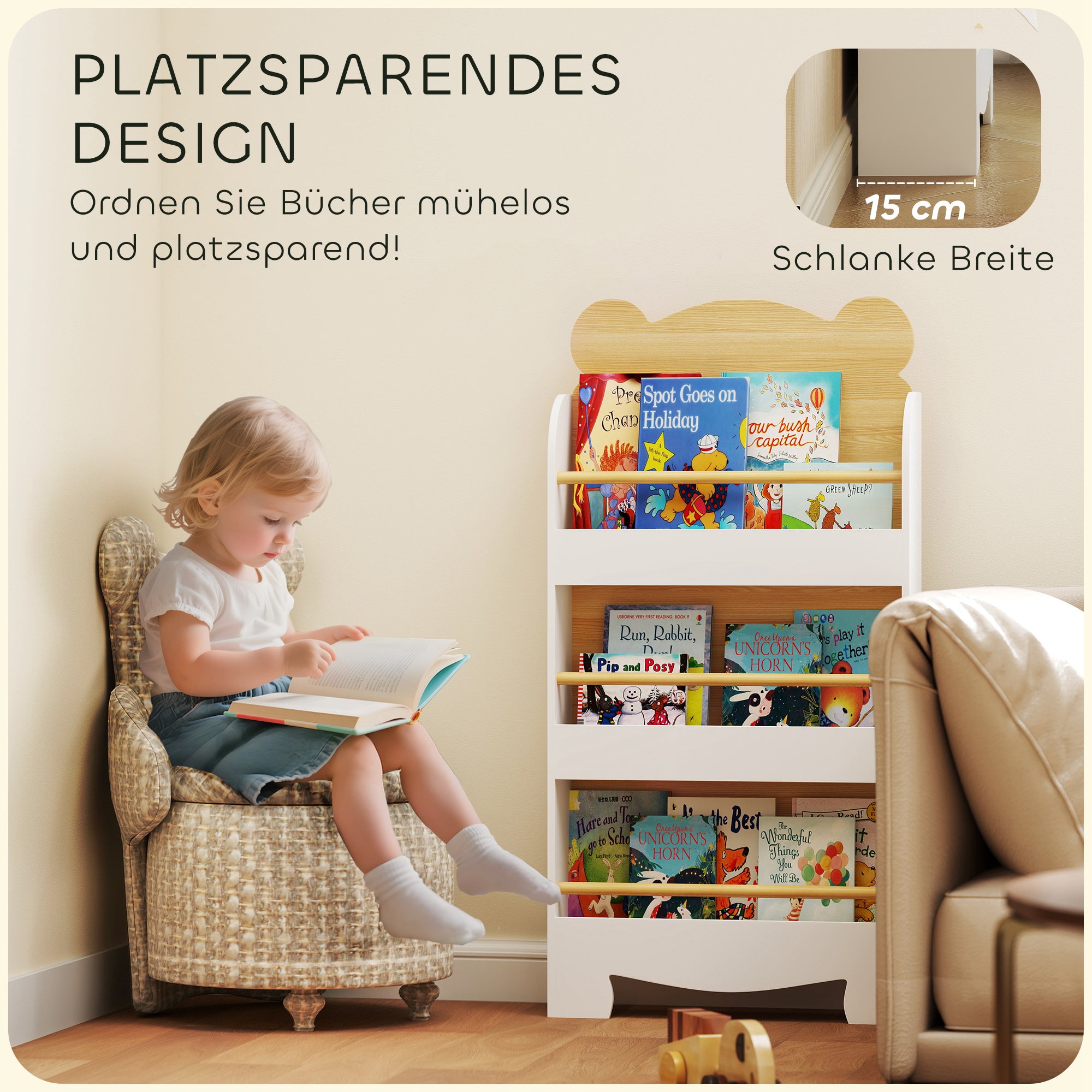 Children's Bookshelf Kids Shelf with 3 Shelves Wooden Storage Shelf Toy Shelf for Toys Books Stand Shelf Children's Room Shelf for Nursery Playroom 55x15x110cm White