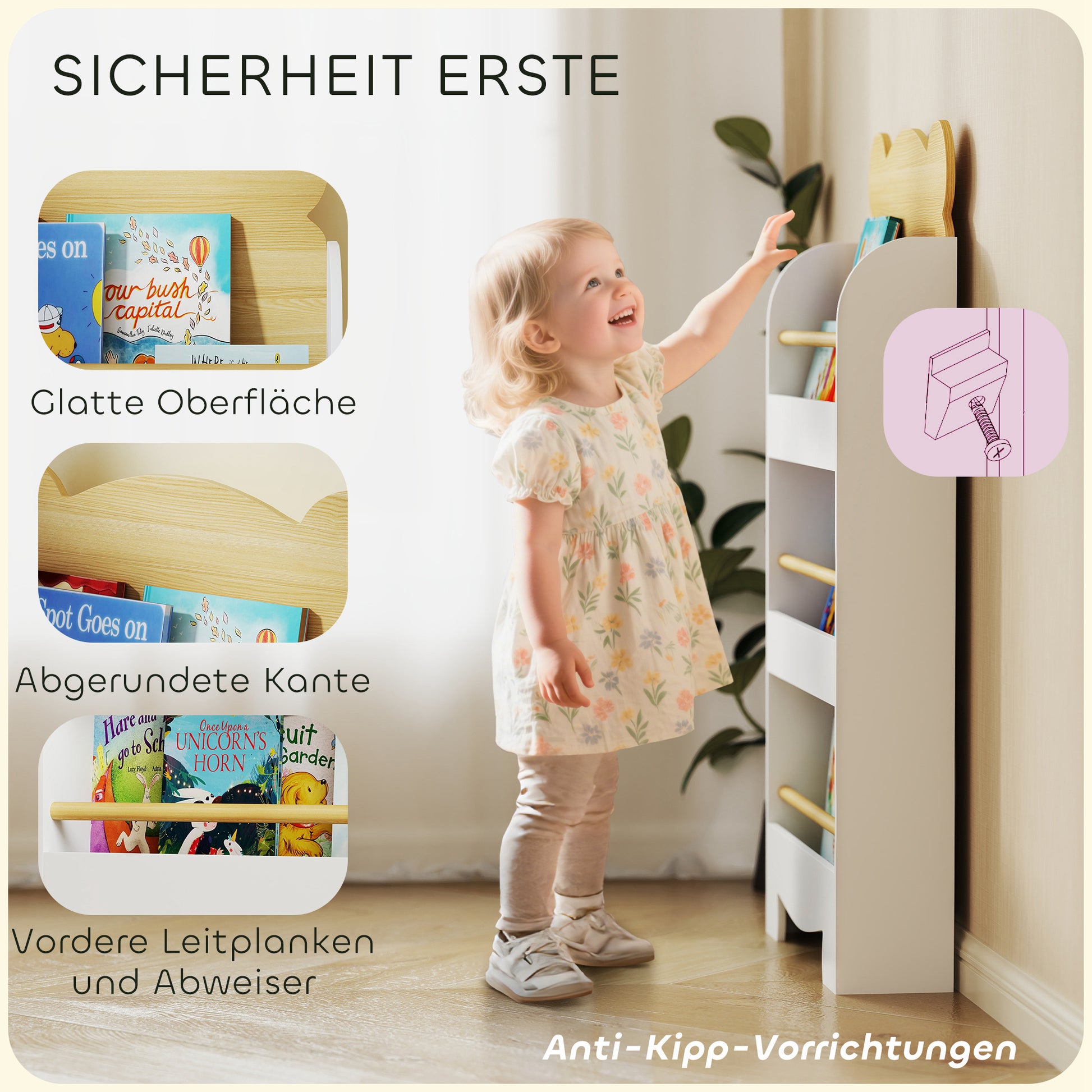 Children's Bookshelf Kids Shelf with 3 Shelves Wooden Storage Shelf Toy Shelf for Toys Books Stand Shelf Children's Room Shelf for Nursery Playroom 55x15x110cm White