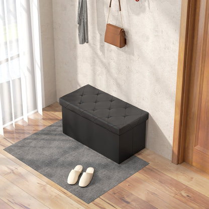 84L Folding Storage Bench, Upholstered Ottoman with PU Leather Cover, 76x38x38cm, Black