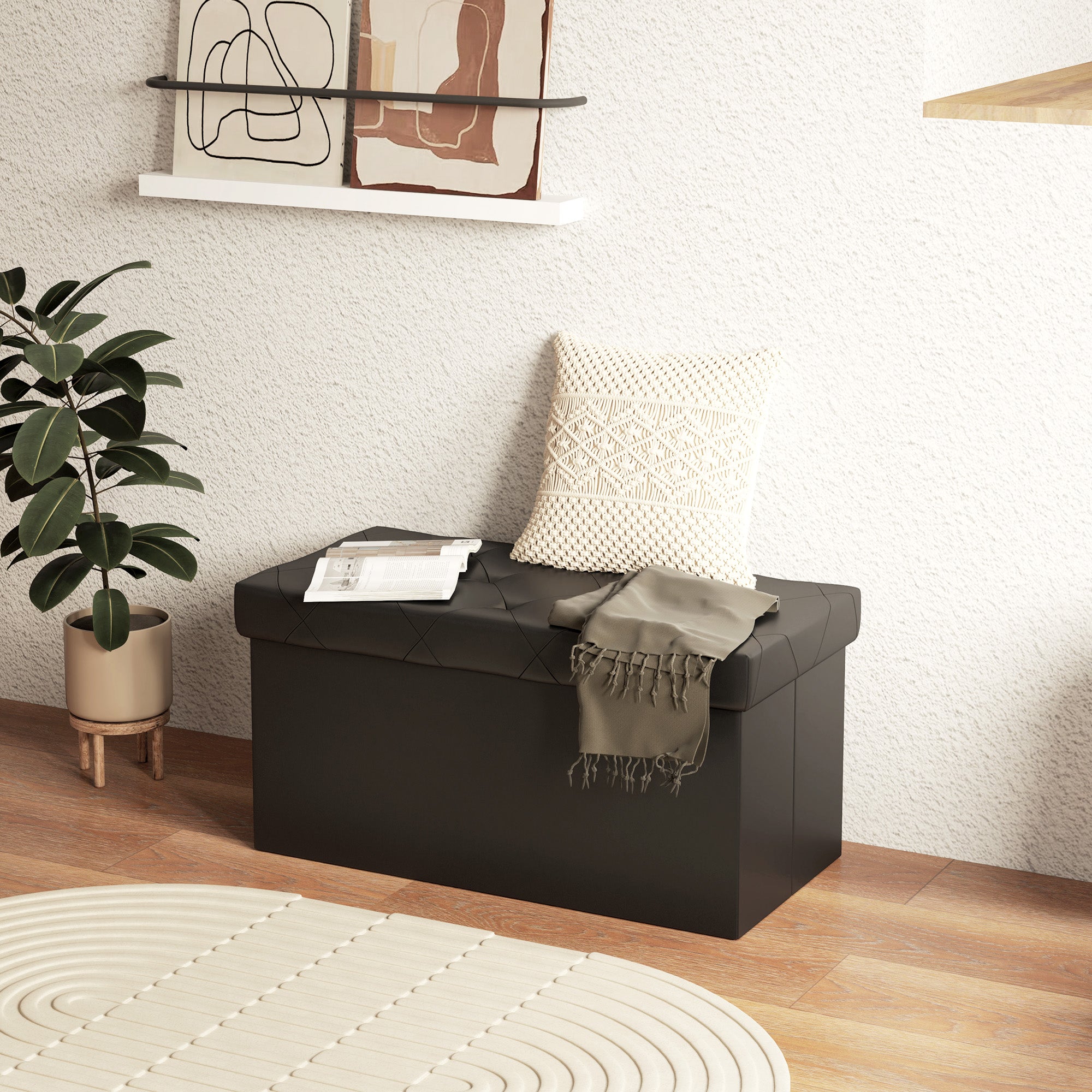 84L Folding Storage Bench, Upholstered Ottoman with PU Leather Cover, 76x38x38cm, Black