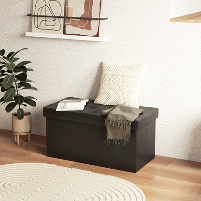 84L Folding Storage Bench, Upholstered Ottoman with PU Leather Cover, 76x38x38cm, Black