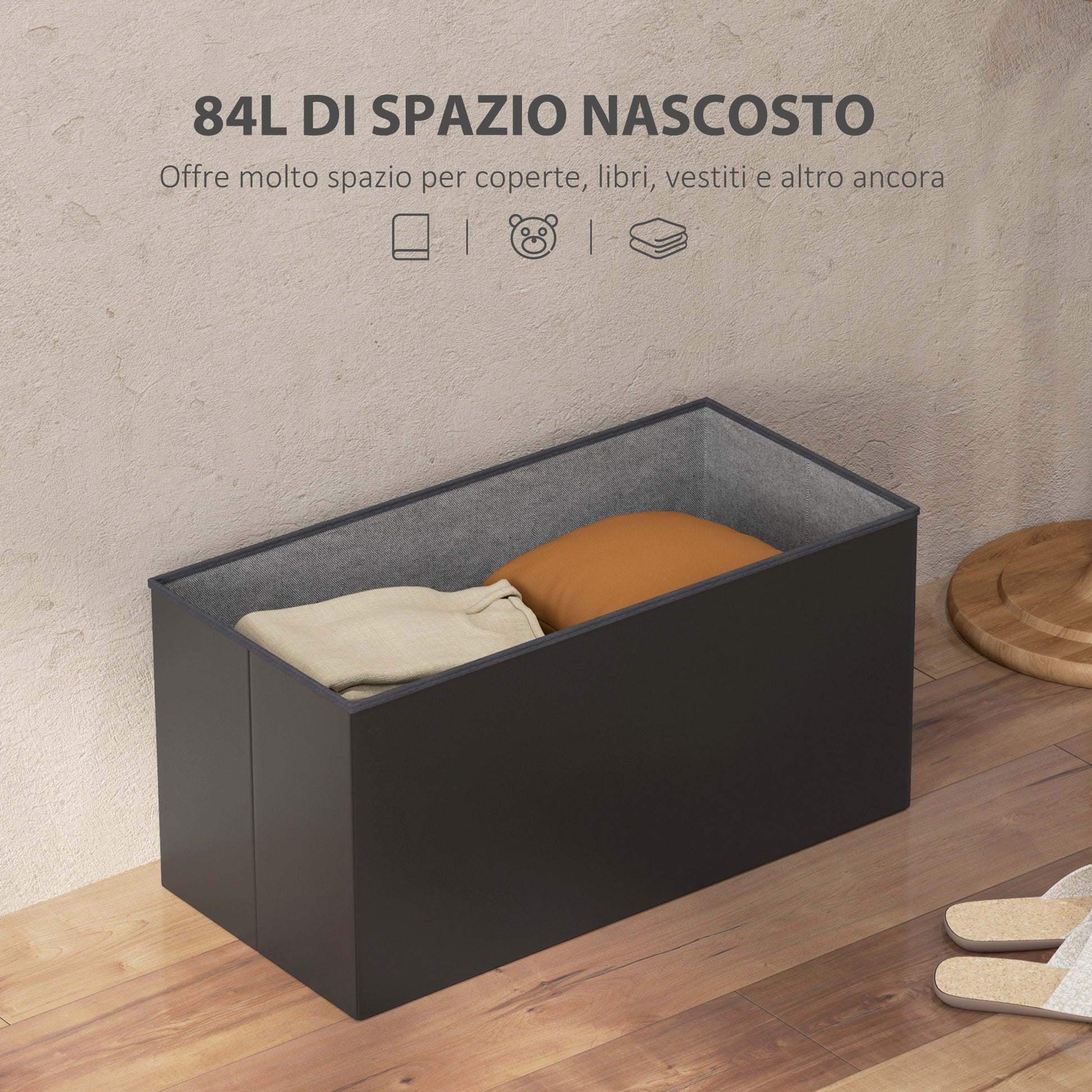 84L Folding Storage Bench, Upholstered Ottoman with PU Leather Cover, 76x38x38cm, Black
