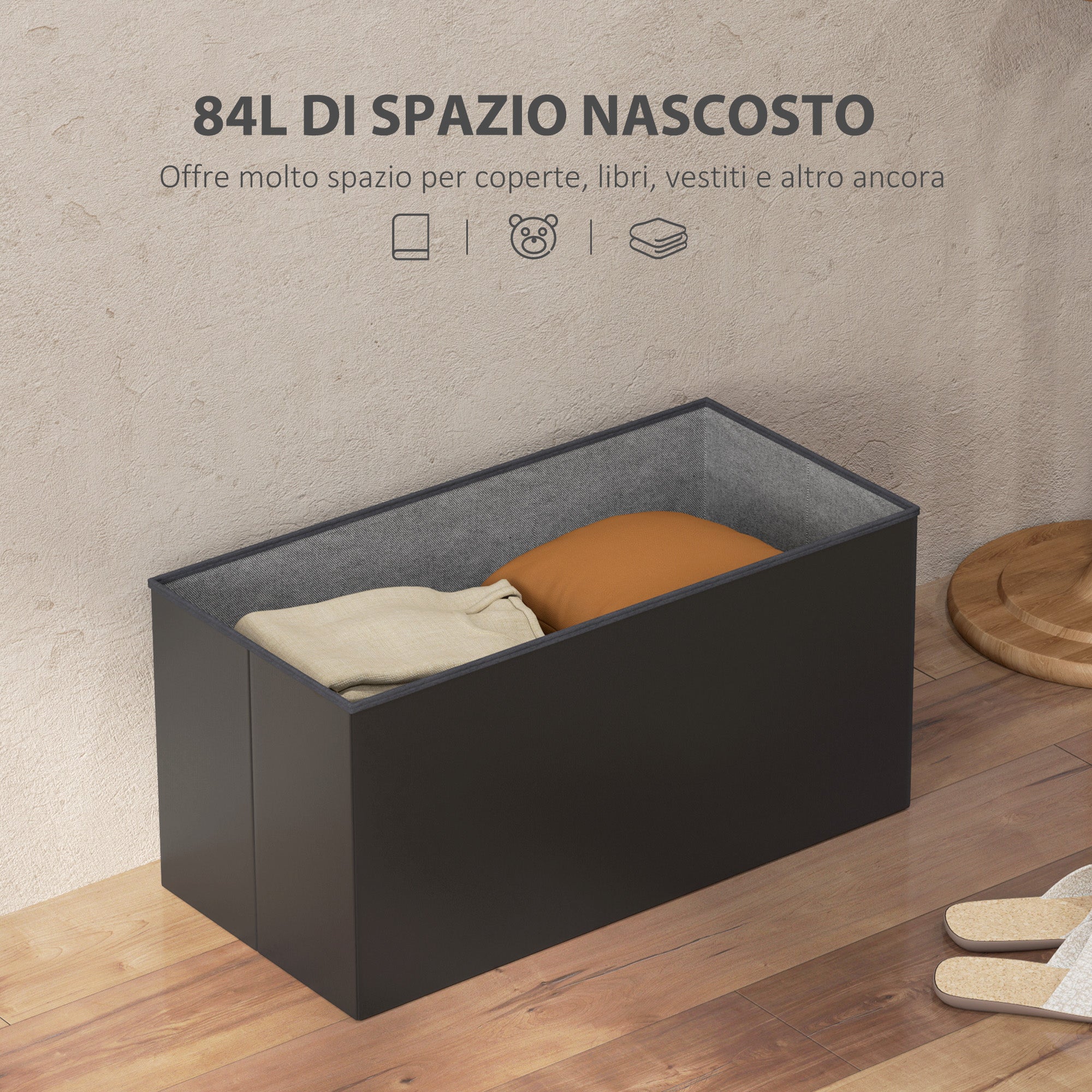 84L Folding Storage Bench, Upholstered Ottoman with PU Leather Cover, 76x38x38cm, Black