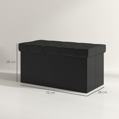84L Folding Storage Bench, Upholstered Ottoman with PU Leather Cover, 76x38x38cm, Black