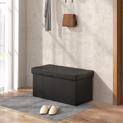 84L Folding Storage Bench, Upholstered Ottoman with PU Leather Cover, 76x38x38cm, Black