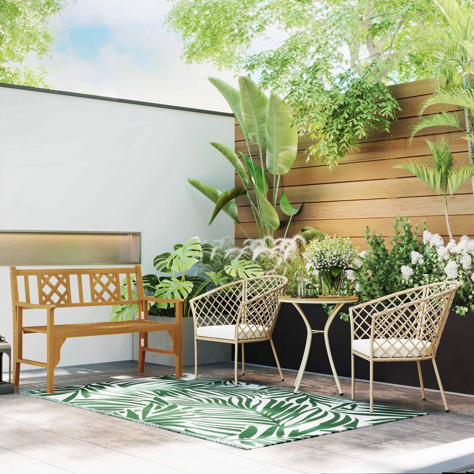 Outdoor Rug 152x243 cm Reversible Rug with Leaf Pattern for Terrace Balcony Patio Camping Beach Dark Green and White
