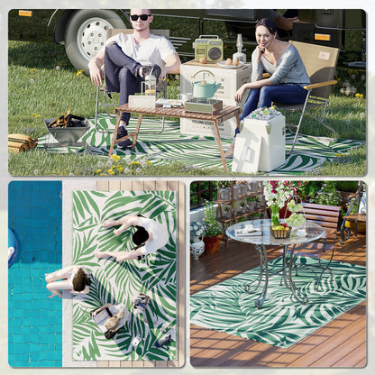 Outdoor Rug 152x243 cm Reversible Rug with Leaf Pattern for Terrace Balcony Patio Camping Beach Dark Green and White