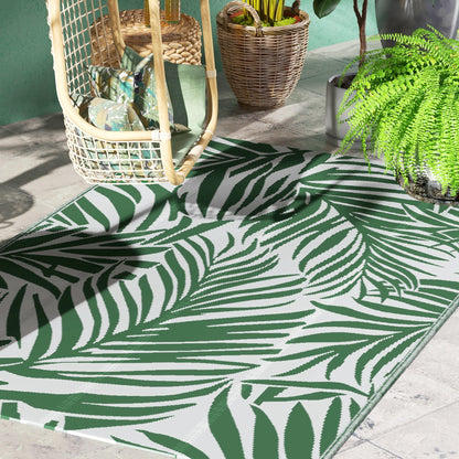 Outdoor Rug 152x243 cm Reversible Rug with Leaf Pattern for Terrace Balcony Patio Camping Beach Dark Green and White