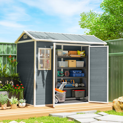 30 sq ft Wood-Effect Plastic Garden Shed — 244 × 131 × 201 cm (8'0" × 4'4" × 6'7") • Gable Roof, Double Doors, Windows, Ventilation, Floor, Lock & Gloves