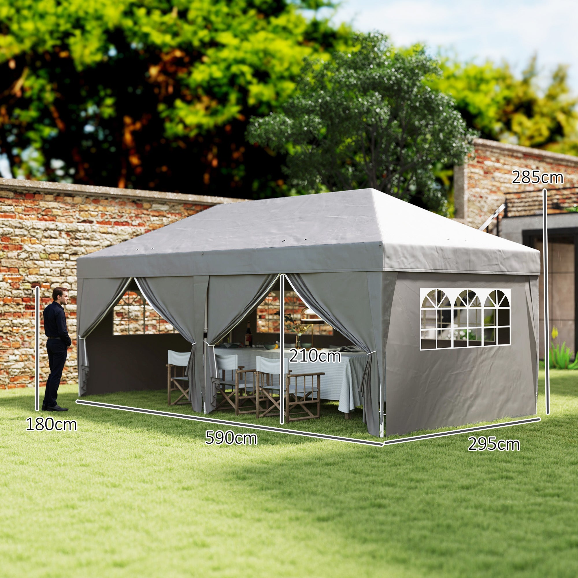 Outdoor Garden Gazebo 3 x 6 m Pop-Up Pergola with 6 Side Walls, Drainage Holes, Transport Bag Included, Foldable Canopy for Camping Festival Wedding, Grey