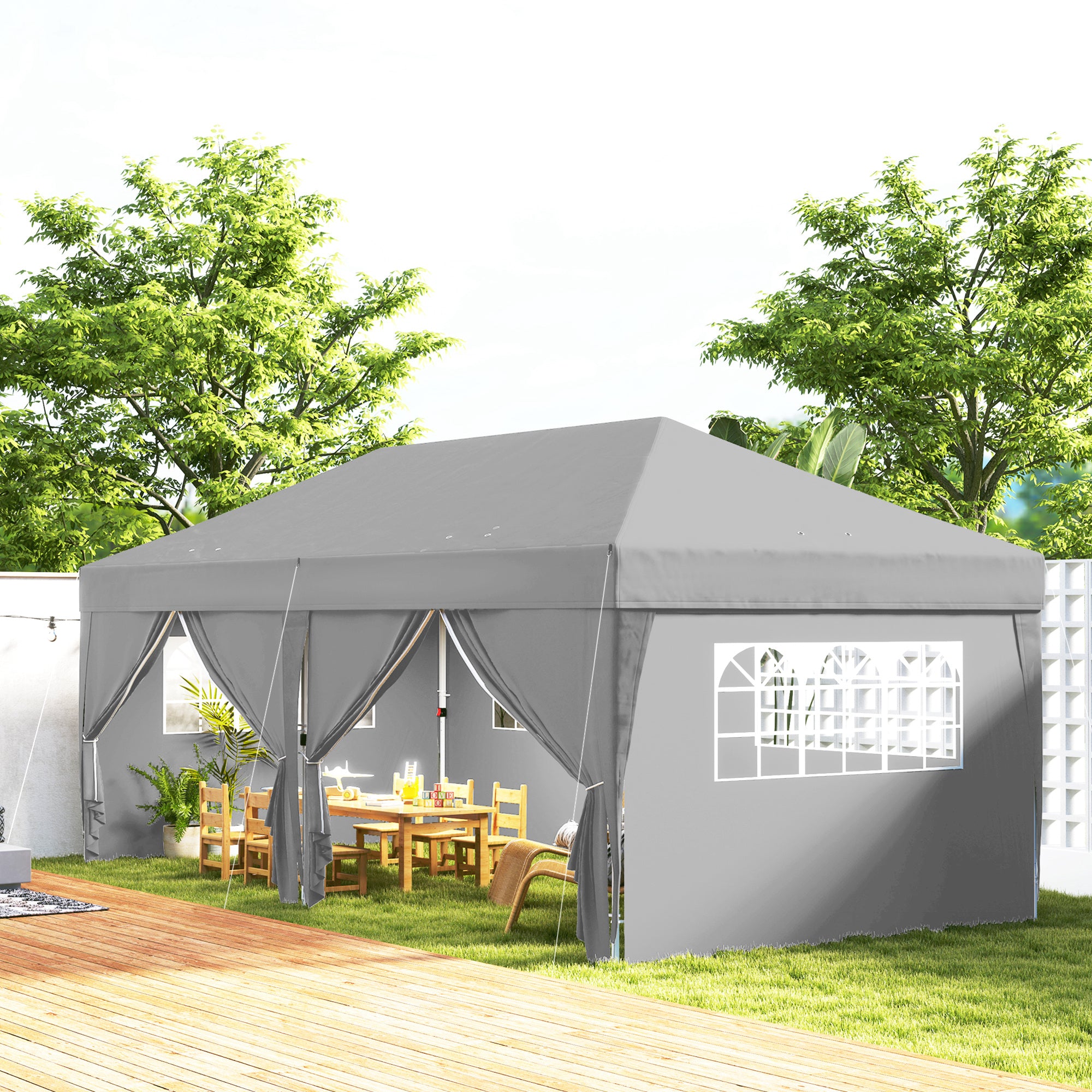 Outdoor Garden Gazebo 3 x 6 m Pop-Up Pergola with 6 Side Walls, Drainage Holes, Transport Bag Included, Foldable Canopy for Camping Festival Wedding, Grey