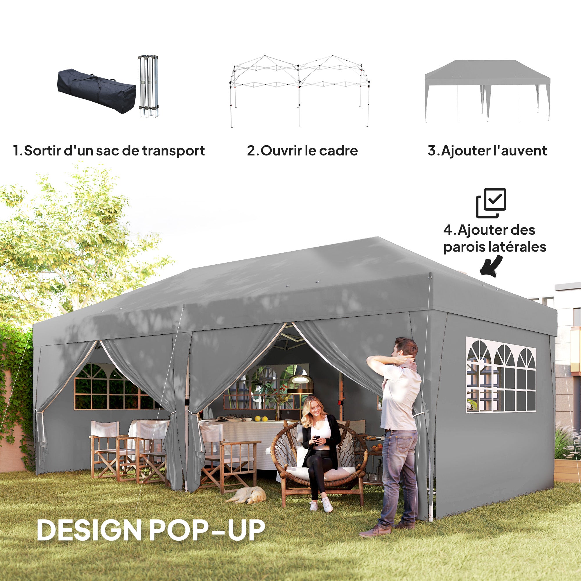 Outdoor Garden Gazebo 3 x 6 m Pop-Up Pergola with 6 Side Walls, Drainage Holes, Transport Bag Included, Foldable Canopy for Camping Festival Wedding, Grey