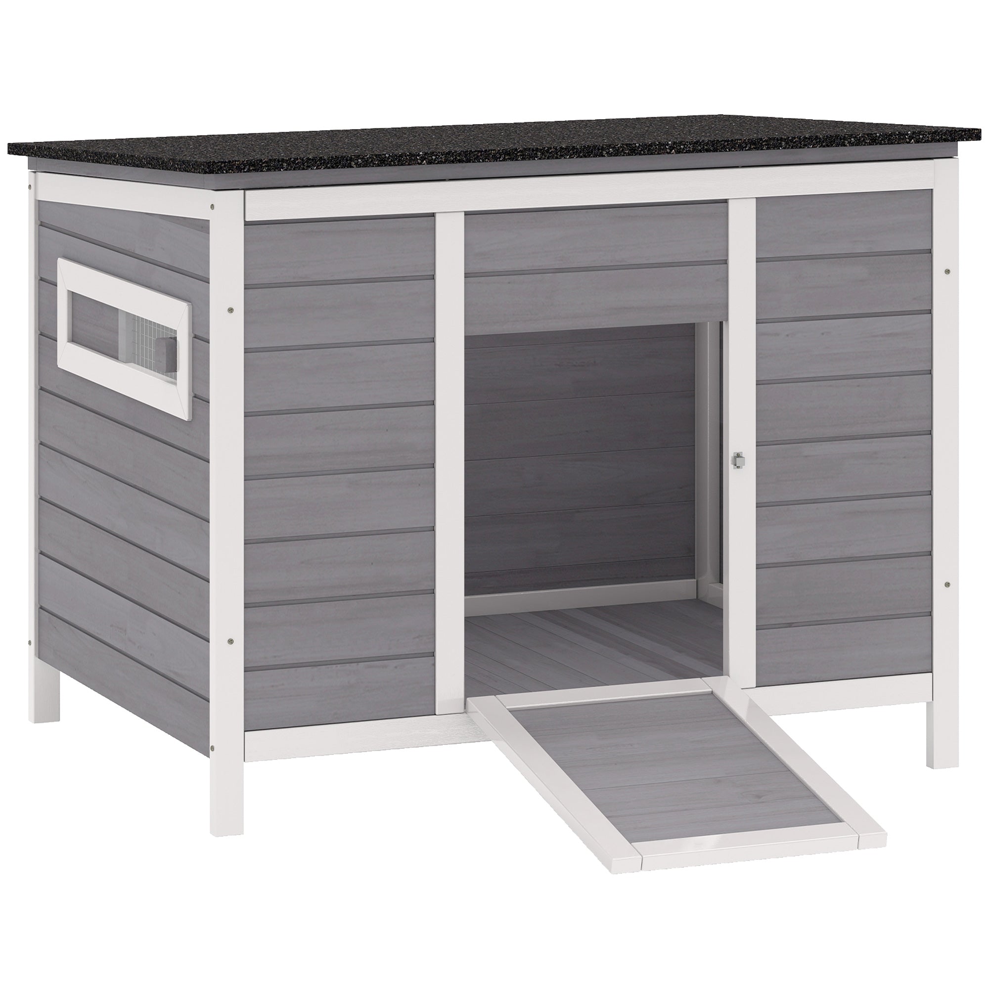 Weatherproof Wooden Duck House with Removable Floor, Sliding Windows & Asphalt Roof — Elevated Coop with Ramp for 2–3 Ducks/Chickens, Gray (93 x 70 x 72 cm / 36.6 x 27.6 x 28.3 in)