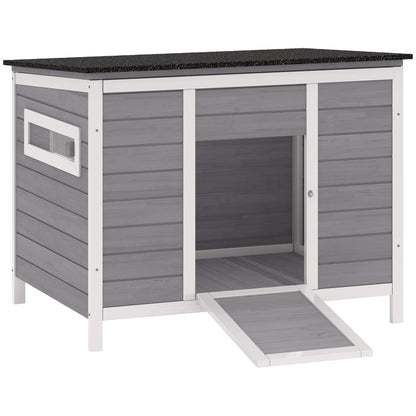 Weatherproof Wooden Duck House with Removable Floor, Sliding Windows & Asphalt Roof — Elevated Coop with Ramp for 2–3 Ducks/Chickens, Gray (93 x 70 x 72 cm / 36.6 x 27.6 x 28.3 in)