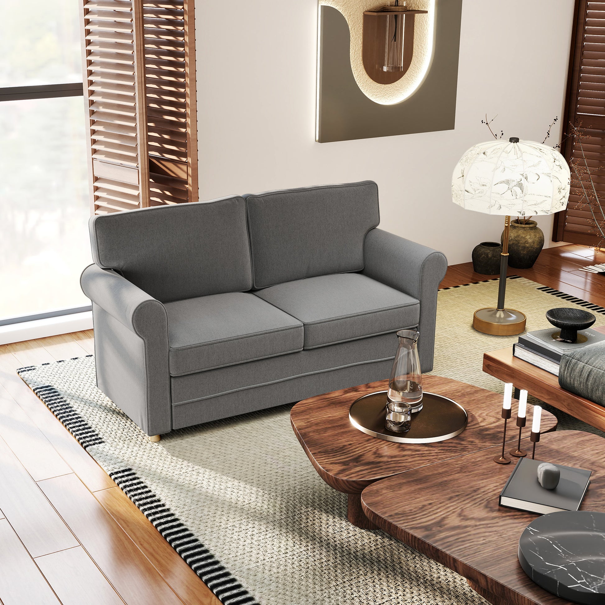 Sofa 2 Seater Couch with Armrest Thickly Padded Double Sofa Modern Upholstered Sofa with S-Spring, Linen Look, Wooden Legs for Bedroom Living Room, 150 x 74 x 86 cm, Dark Grey