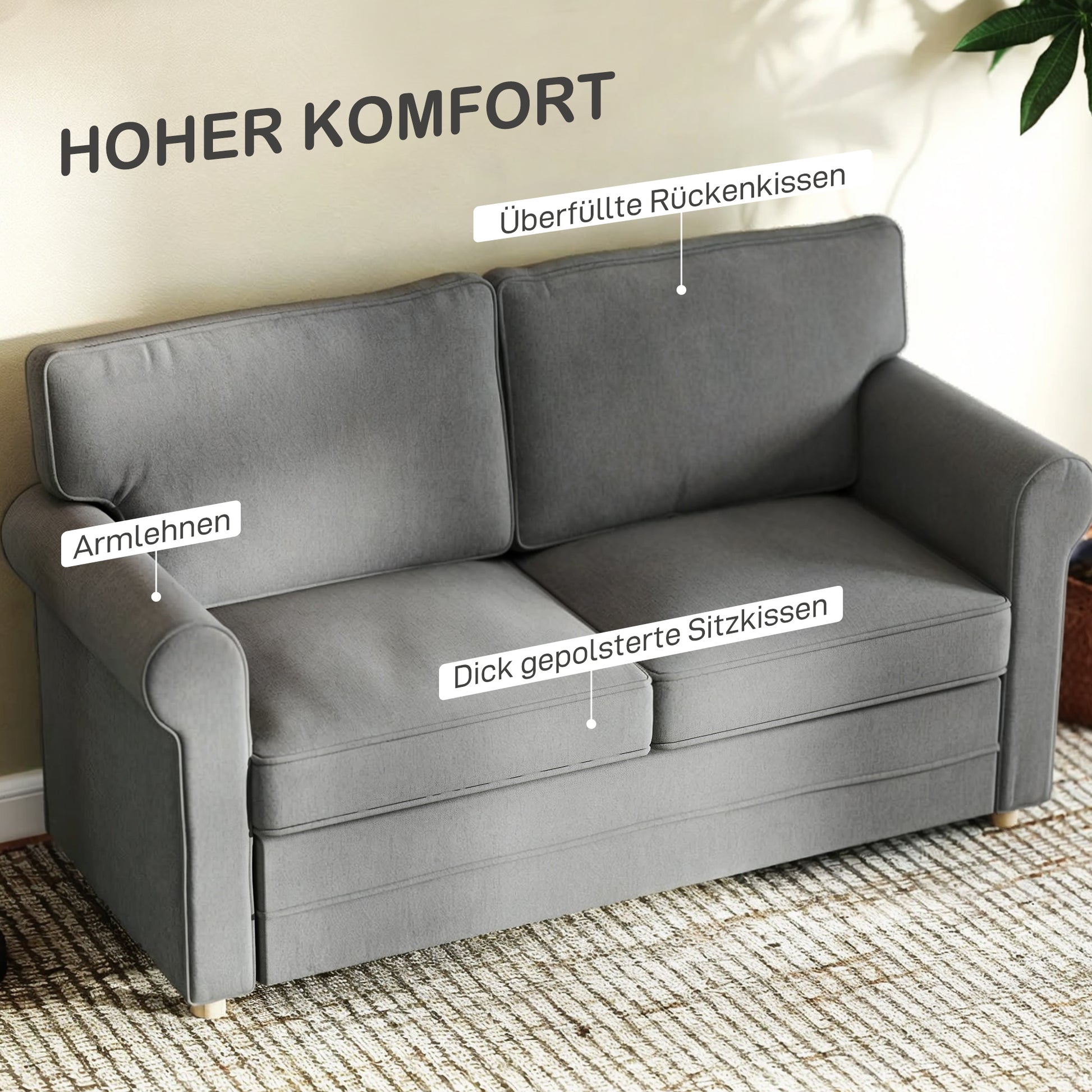 Sofa 2 Seater Couch with Armrest Thickly Padded Double Sofa Modern Upholstered Sofa with S-Spring, Linen Look, Wooden Legs for Bedroom Living Room, 150 x 74 x 86 cm, Dark Grey