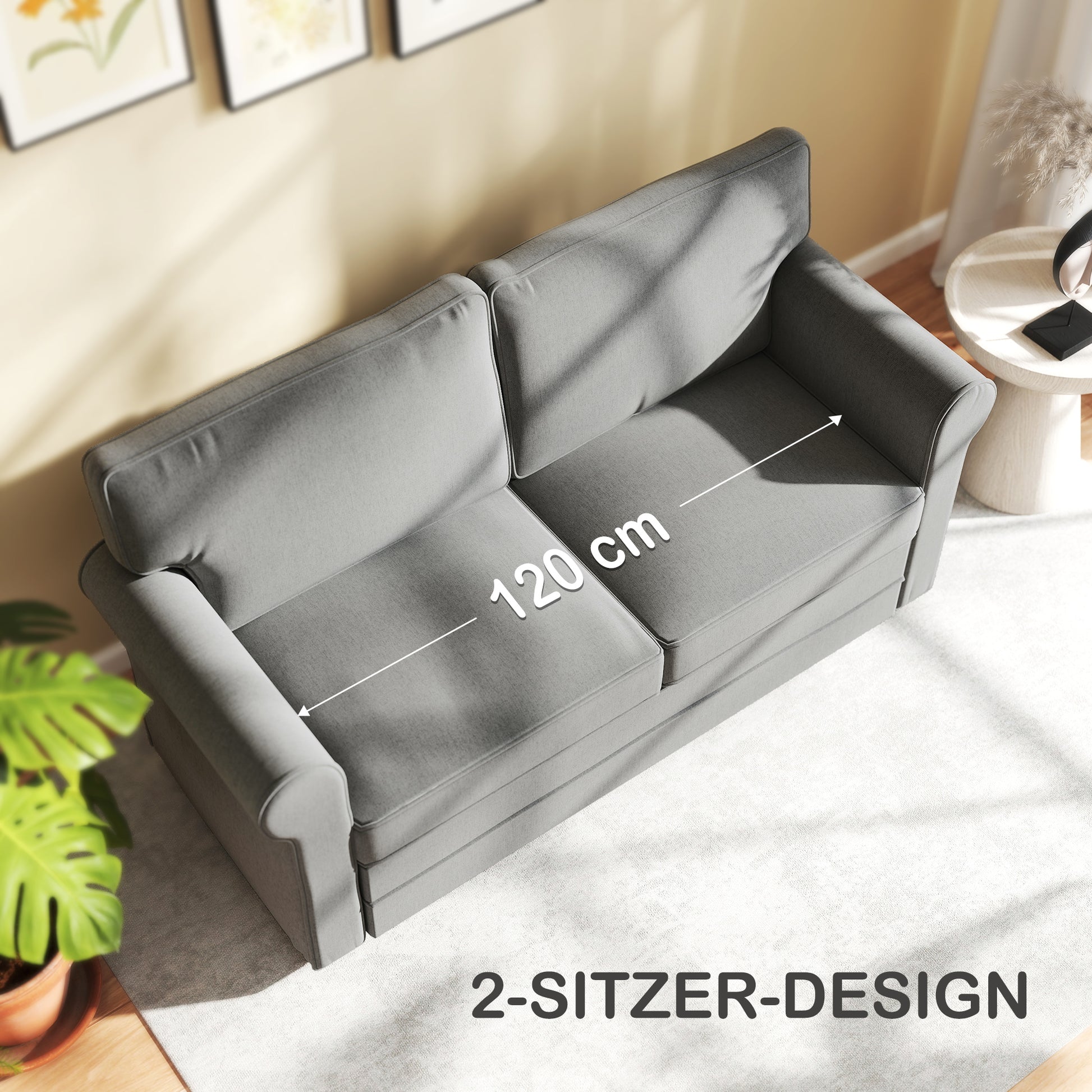 Sofa 2 Seater Couch with Armrest Thickly Padded Double Sofa Modern Upholstered Sofa with S-Spring, Linen Look, Wooden Legs for Bedroom Living Room, 150 x 74 x 86 cm, Dark Grey