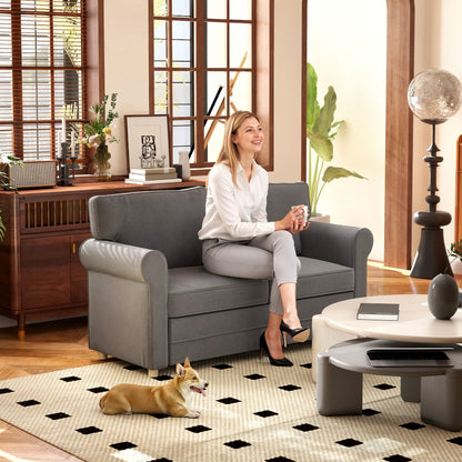 Sofa 2 Seater Couch with Armrest Thickly Padded Double Sofa Modern Upholstered Sofa with S-Spring, Linen Look, Wooden Legs for Bedroom Living Room, 150 x 74 x 86 cm, Dark Grey