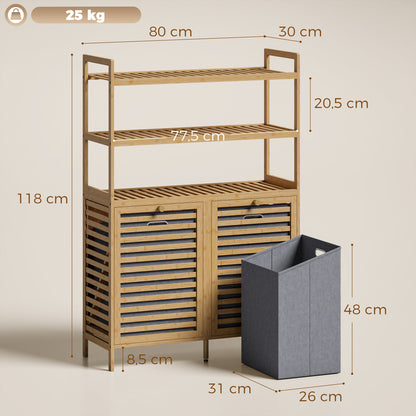 Bamboo Bathroom Cabinet with Laundry Hampers — 3-Tier Storage with 2 Removable Fabric Baskets, 31.5 x 11.8 x 46.5 in (80 x 30 x 118 cm), Oak