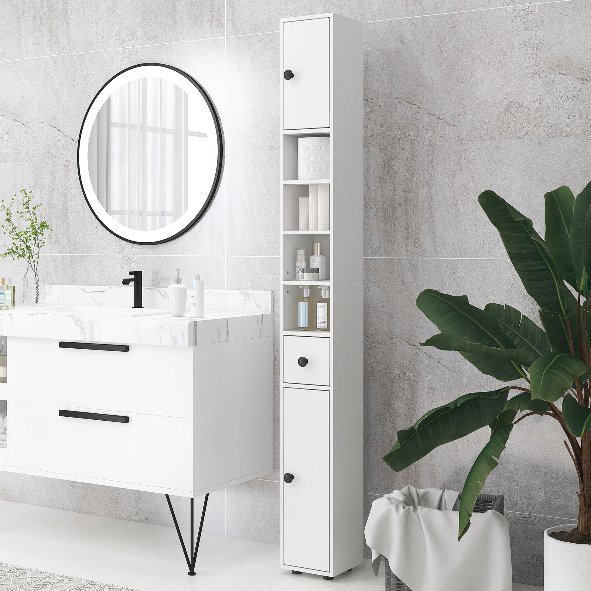 Modern Bathroom Column Tall Bathroom Cabinet with 1 Drawer 5 Adjustable Shelves and 2 Doors Bathroom Furniture Load 30 kg 20x20x180 cm White