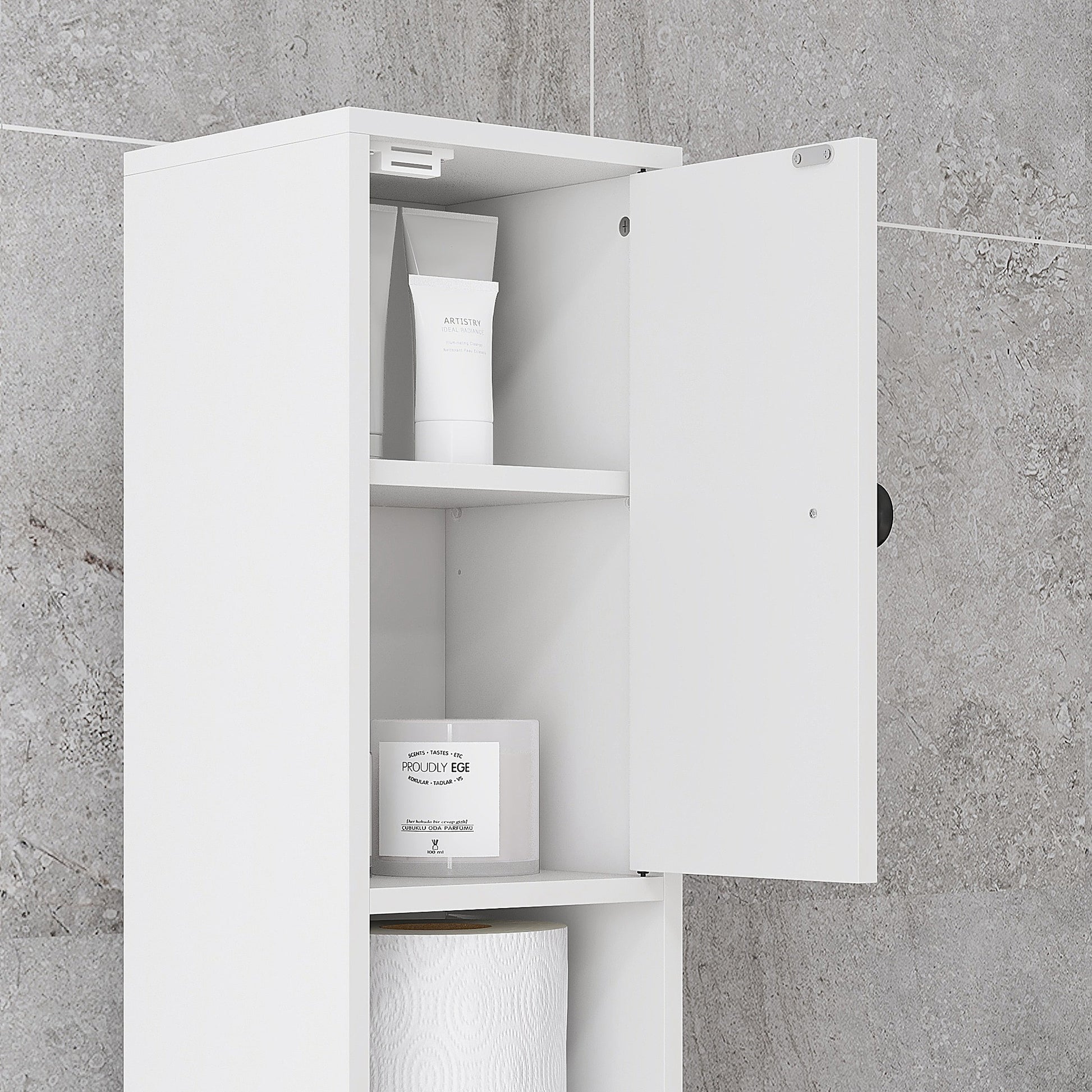 Modern Bathroom Column Tall Bathroom Cabinet with 1 Drawer 5 Adjustable Shelves and 2 Doors Bathroom Furniture Load 30 kg 20x20x180 cm White