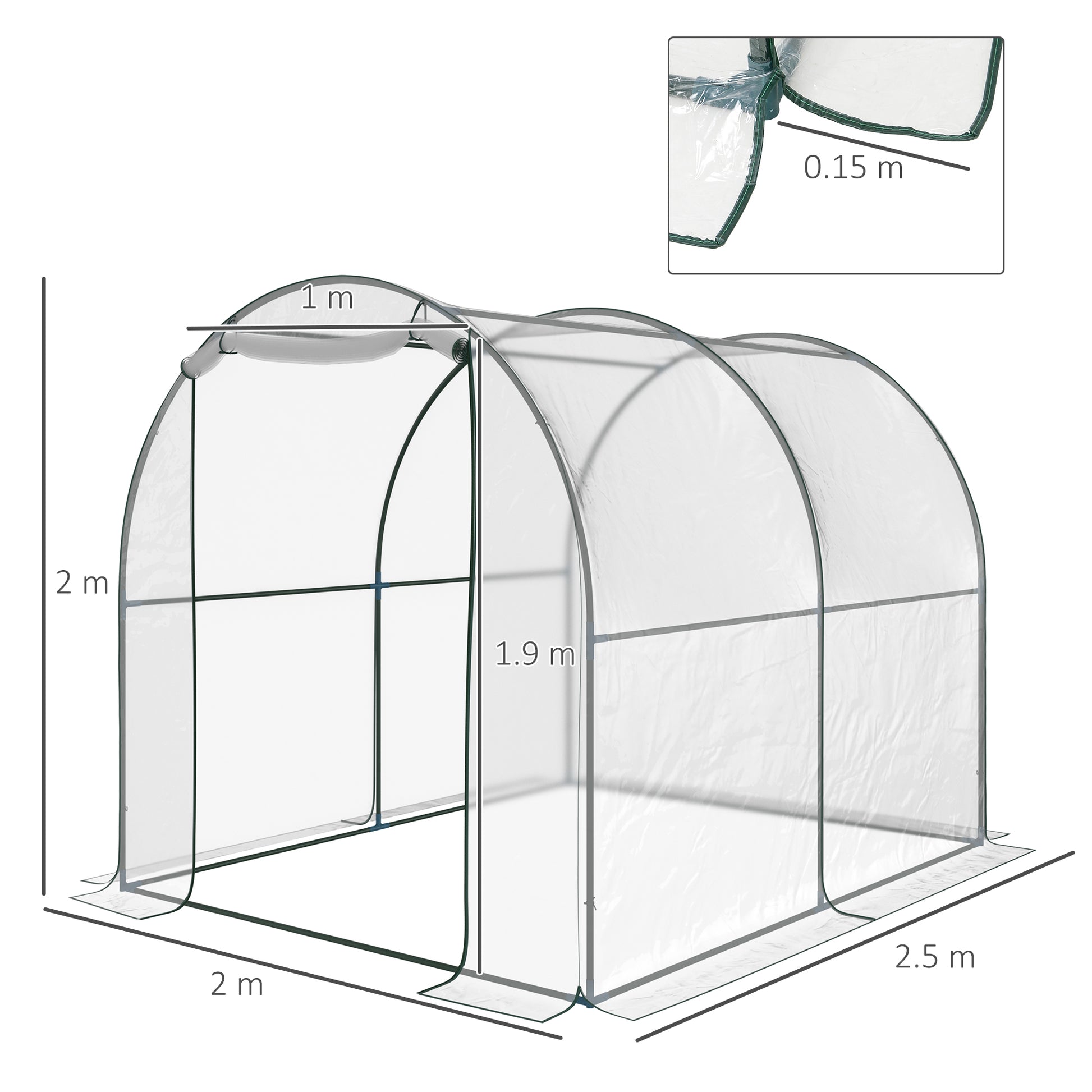 Garden Tunnel Greenhouse, Balcony Greenhouse for Plants and Vegetables with PVC Cover, Roll-Up Door, and Steel Frame, 2x2.5x2m