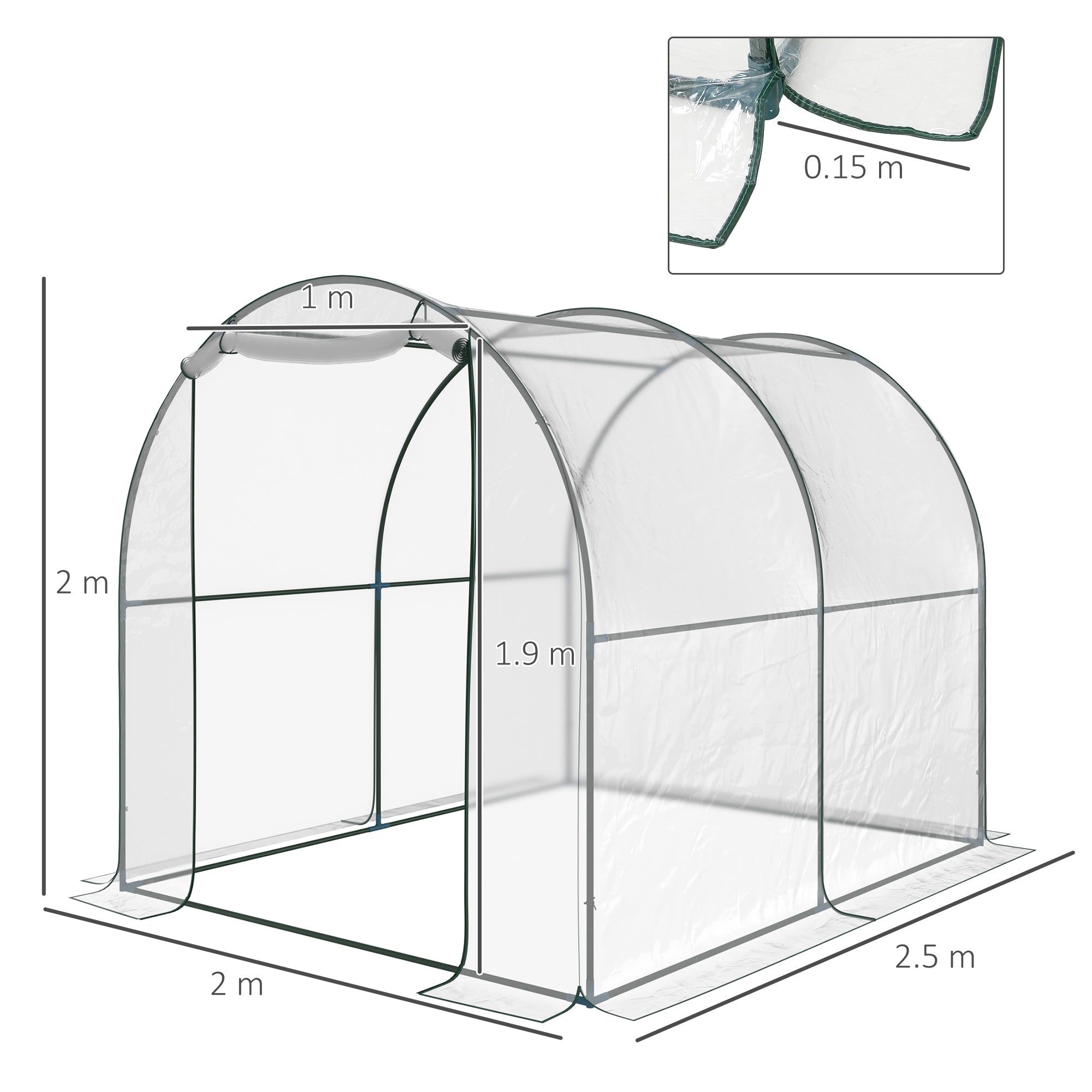 Garden Tunnel Greenhouse, Balcony Greenhouse for Plants and Vegetables with PVC Cover, Roll-Up Door, and Steel Frame, 2x2.5x2m